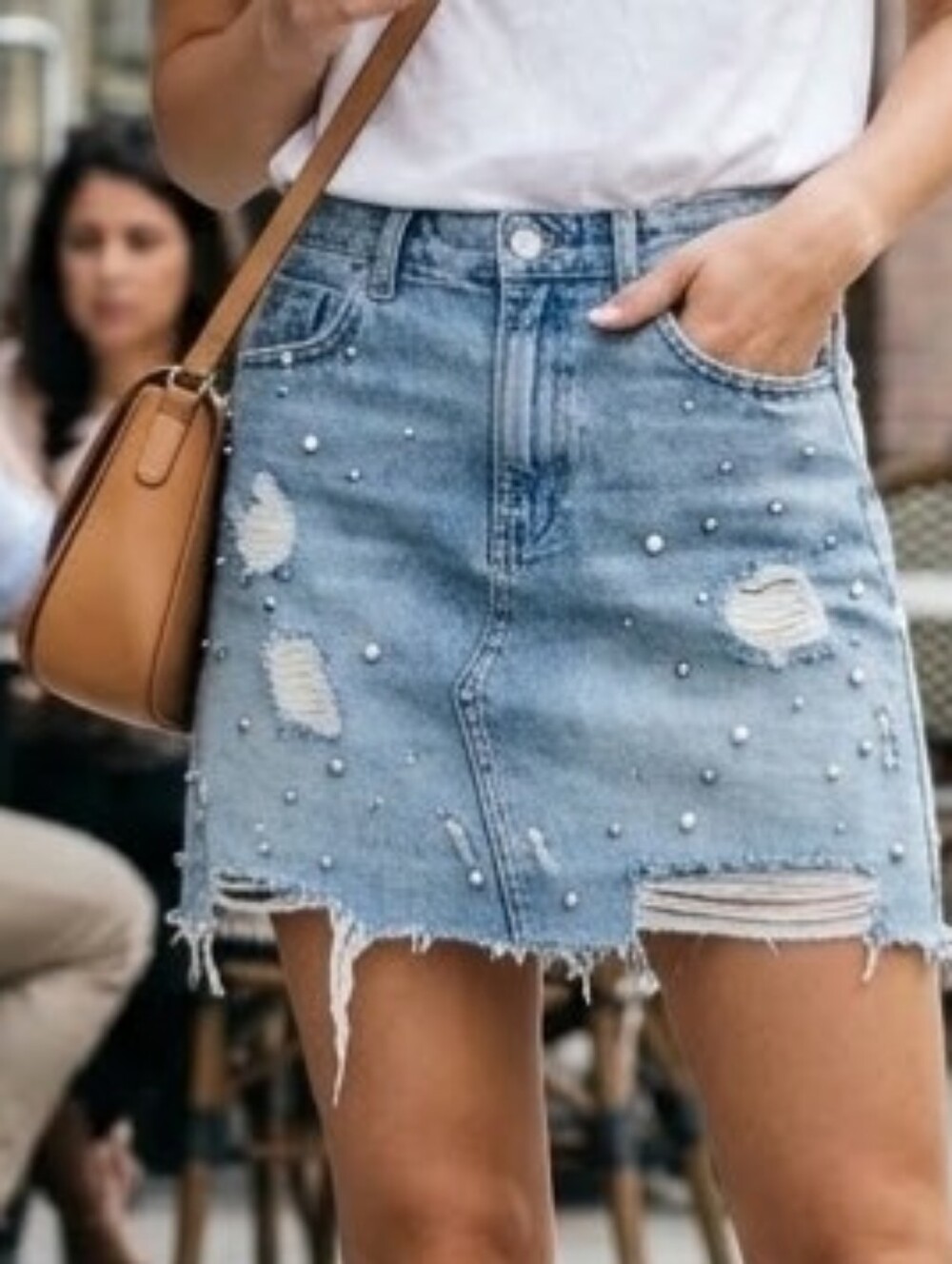 Zara Light Blue Distressed Pearl-Embellished Denim Mini Skirt Y2K/festival.